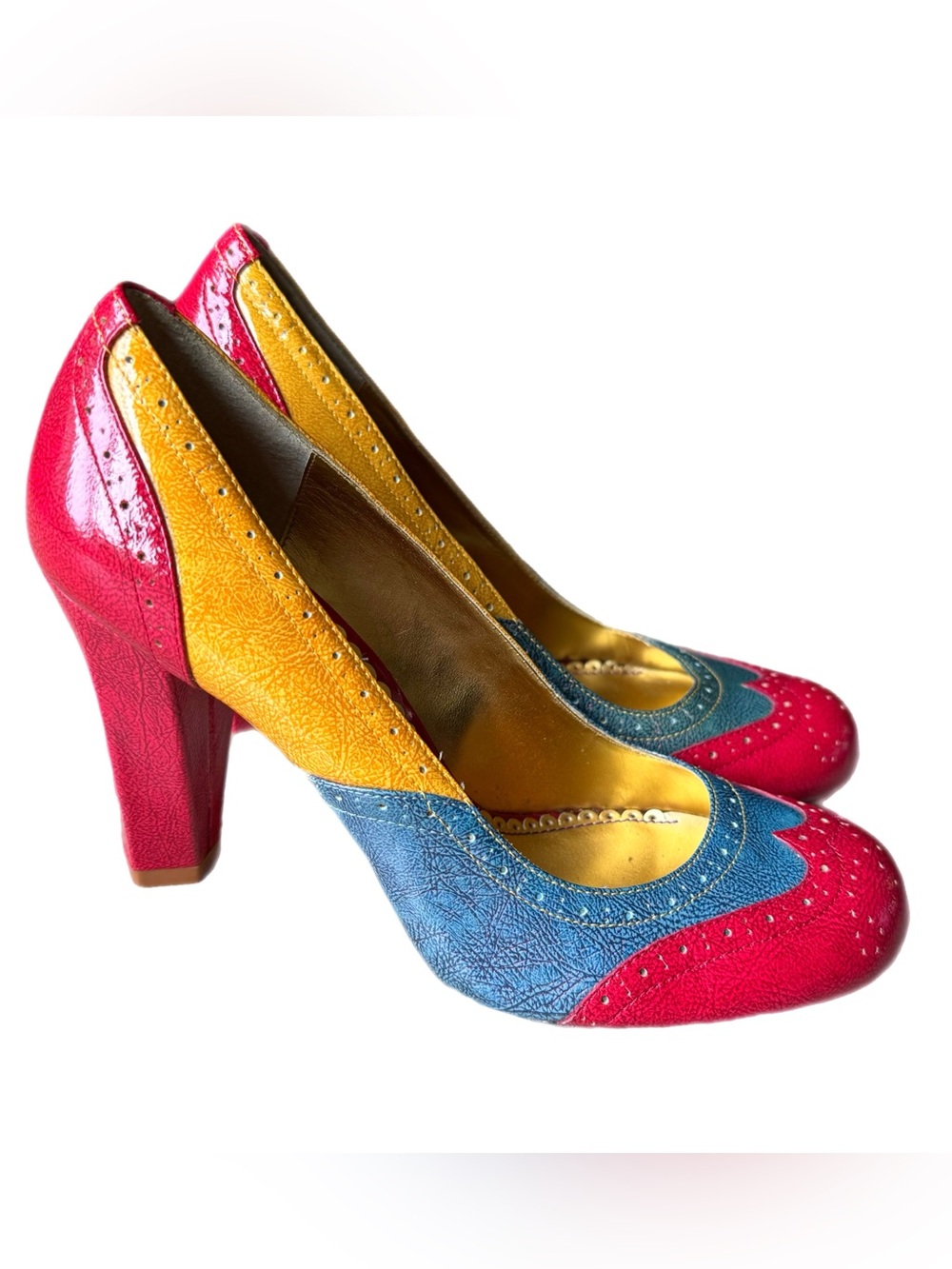 Hale Bob Red Blue Yellow Colorblock Spectator Brogue Patent Leather Pumps Heels